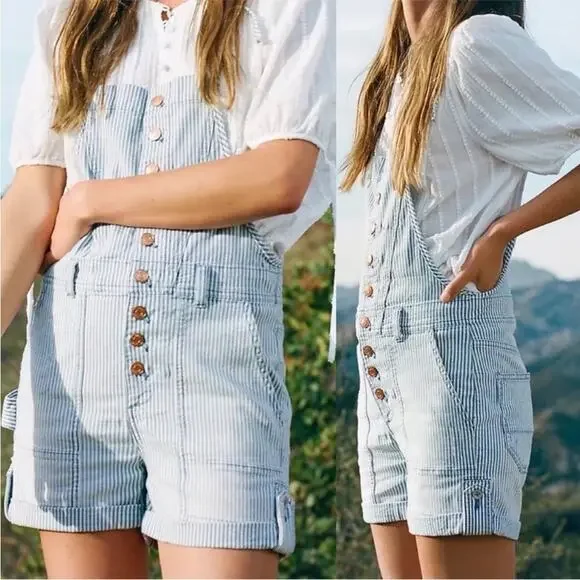 Anthropologie Pilcro Railroad Denim Stripes Overalls Romper Shortall Shorts 27 - Picture 3 of 12
